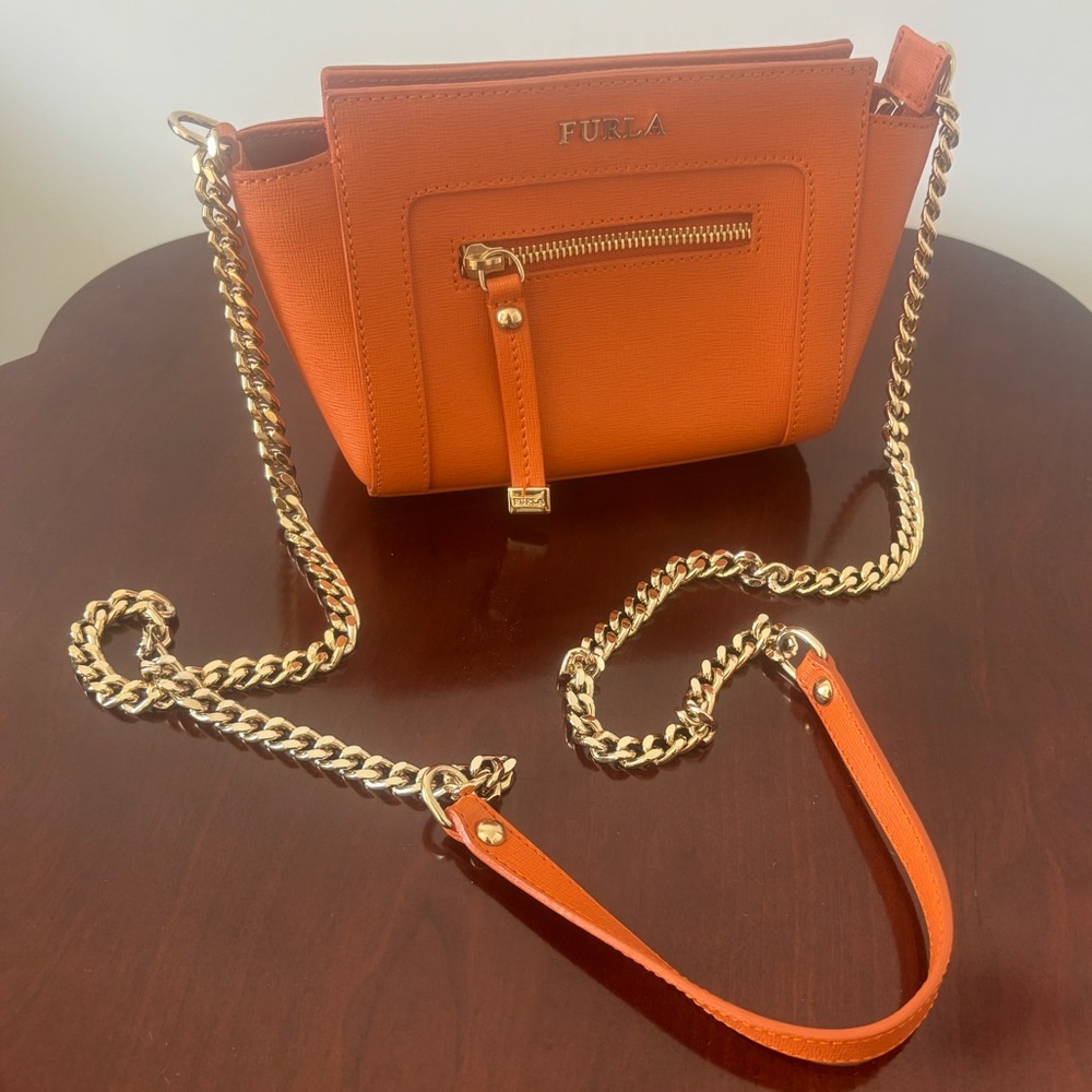 Furla Vibrant Orange Crossbody with Gold Chain